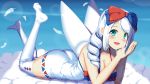  1girl angel_wings ass blue_background blue_bow blue_eyes blush bow breasts cleavage cloud drill_hair feathers hair_bow hands_together highres large_breasts looking_at_viewer lying on_stomach personification pokemon red_bow smile the_pose thighhighs togekiss white_hair white_legwear wings yukimura_chisa 