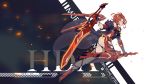  1girl absurdres armor armored_dress artist_name bangs bare_shoulders breasts character_name claymore_(sword) cleavage dress elbow_gloves fire gloves hair_ornament highres holding honkai_(series) honkai_impact_3rd large_breasts long_hair looking_at_viewer murata_himeko murata_himeko_(vermillion_knight) open_mouth parted_bangs red_hair running sidelocks single_elbow_glove solo sword weapon yellow_eyes zxllor 