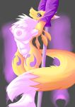  2019 absurd_res anthro areola big_breasts blue_eyes breasts butt canid canine digimon digimon_(species) digital_media_(artwork) dragoon female fur hi_res huge_breasts looking_at_viewer mammal nipples nude pussy renamon scarlet scarlet_dragoon simple_background solo video_games white_fur yellow_fur 