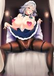  1girl absurdres apron black_legwear blue_eyes blush bow braid breasts choker commentary_request crotch_seam eyebrows_visible_through_hair green_bow hair_between_eyes hair_bow heart_pasties highres indoors izayoi_sakuya large_breasts looking_at_viewer maid maid_apron maid_headdress nipples open_mouth panties panties_under_pantyhose pantyhose pasties short_hair silver_hair sinkai sitting skirt skirt_lift solo spread_legs thighband_pantyhose touhou twin_braids underwear 