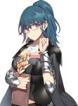  1girl alternate_hairstyle armor black_cape blue_eyes blue_hair book breasts byleth_(fire_emblem) byleth_(fire_emblem)_(female) cape cleavage closed_mouth fire_emblem fire_emblem:_three_houses glasses highres holding holding_book ponytail red-framed_eyewear simple_background solo upper_body white_background yappen 