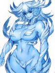  1girl bare_shoulders blue_eyes blue_hair blue_skin breasts commentary_request curvy fang fumio_(rsqkr) large_breasts long_hair looking_at_viewer navel simple_background sketch solo thick_eyebrows white_background wide_hips 