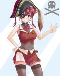  1girl absurdres armpits arrow_through_heart bangs bare_shoulders buttons closed_mouth covered_navel cravat eyepatch gem hair_between_eyes hand_on_hip hat highres hololive houshou_marine leotard looking_at_viewer medium_hair miniskirt pink_hair pirate pirate_hat red_eyes red_skirt skirt skull skull_and_crossbones solo takechi49 thighhighs virtual_youtuber w zettai_ryouiki 