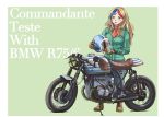  1girl bangs blonde_hair blush bmw bmw_r75 boots breasts brown_gloves commandant_teste_(kantai_collection) commentary_request denim english_text eyebrows_visible_through_hair gloves grey_background ground_vehicle helmet highres holding holding_helmet jeans kantai_collection long_hair long_sleeves motor_vehicle motorcycle multicolored_hair open_mouth pants red_neckwear simple_background solo standing streaked_hair thrux 
