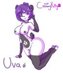  2019 anthro areola big_breasts black_areola black_fur black_nipples black_nose breasts creamy_kitty eyelashes female fur giant_panda gloves_(marking) hair hi_res leg_markings looking_at_viewer mammal markings monochrome multicolored_fur nipples purple_hair pussy side_view simple_background smile socks_(marking) solo thick_thighs ursid uva_(character) white_fur wide_hips 