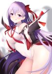  1girl bangs bare_shoulders bb_(fate)_(all) bb_(swimsuit_mooncancer)_(fate) black_coat blush breasts fate/grand_order fate_(series) hair_ribbon highres holding holding_wand large_breasts leotard long_hair looking_at_viewer maosame purple_eyes purple_hair red_ribbon ribbon smile very_long_hair wand white_leotard 