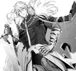  1boy abs armor bangs biceps cape chest excalibur_galatine fate/extra fate_(series) fur_trim gawain_(fate/extra) gawain_(fate/grand_order) greyscale hand_on_hip jewelry looking_at_viewer male_focus manly monochrome muscle official_art pectorals solo standing sword thick_thighs thighs toned toned_male weapon 