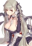  1girl azur_lane bangs bare_shoulders between_breasts black_dress blush breasts cleavage collarbone dress earrings formidable_(azur_lane) frilled_dress frills grey_hair hair_ribbon highres jewelry large_breasts long_hair long_sleeves looking_at_viewer nishin_(nsn_0822) red_eyes ribbon rigging simple_background sitting solo twintails two-tone_dress two-tone_ribbon white_background 