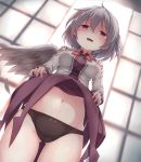  1girl :d ahoge ass_visible_through_thighs bangs black_panties blush bow bow_panties bowtie breasts brooch commentary_request cowboy_shot dress dress_lift dutch_angle eyebrows_visible_through_hair feathered_wings from_below grey_jacket groin hair_between_eyes highres indoors jacket jewelry kishin_sagume kuro_(baseball0000) lifted_by_self long_sleeves medium_breasts navel open_clothes open_jacket open_mouth panties purple_dress red_bow red_eyes red_neckwear short_hair silver_hair single_wing smile solo standing stomach thighs touhou underwear wings 