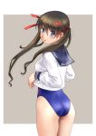  1girl ass bangs black_sailor_collar blue_eyes blue_swimsuit blush competition_swimsuit cowboy_shot eyebrows_visible_through_hair from_behind grey_background hair_between_eyes hair_ribbon highres katahira_masashi long_hair long_sleeves looking_at_viewer looking_back one-piece_swimsuit original parted_lips red_ribbon ribbon sailor_collar school_uniform serafuku shirt solo swimsuit swimsuit_under_clothes tareme twintails two-tone_background white_shirt 