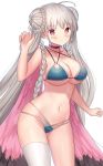  1girl ahoge ame_sagari azur_lane bare_hips bare_shoulders bikini blue_bikini blush braid breasts choker cleavage closed_mouth collarbone commentary_request contrapposto criss-cross_halter double_bun formidable_(azur_lane) formidable_(the_lady_of_the_beach)_(azur_lane) halterneck hand_up highres large_breasts long_hair looking_at_viewer navel purple_choker purple_eyes silver_hair single_thighhigh skindentation smile solo standing stomach swimsuit thighhighs twin_braids underboob very_long_hair white_legwear 