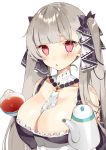  1girl :o azur_lane bare_shoulders between_breasts bow breasts cleavage collarbone cup detached_collar dress formidable_(azur_lane) frilled_dress frills grey_hair hair_bow hasegawa_(rarairairai) highres holding holding_cup large_breasts long_hair looking_at_viewer maid parted_lips red_eyes simple_background solo tea teacup teapot twintails upper_body white_background 