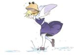  1girl :d asutora black_eyes blonde_hair brown_footwear commentary_request flying_sweatdrops from_side loafers long_sleeves moriya_suwako open_mouth outstretched_arms profile purple_skirt purple_vest shirt shoes short_hair simple_background skirt smile solo splashing thighhighs touhou vest water white_background white_legwear white_shirt wide_sleeves 