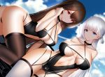  2girls absurdres alternate_costume ass azur_lane bare_arms bare_shoulders black_panties blue_eyes blue_sky breasts breasts_apart brown_hair brown_legwear cleavage closed_mouth cloud collarbone commentary_request criss-cross_halter day dutch_angle hair_between_eyes halterneck hand_up higandgk highres large_breasts leaning_forward long_hair looking_at_viewer multiple_girls navel one_side_up outdoors panties red_eyes revealing_clothes shoukaku_(azur_lane) sky smile thighhighs underwear very_long_hair white_hair white_legwear white_panties zuikaku_(azur_lane) 