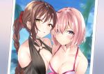  2girls absurdres bangs bare_shoulders beach black_swimsuit blue_sky blurry blurry_background blush braid breasts brown_hair choker cleavage closed_mouth consort_yu_(fate) criss-cross_halter earrings fate/grand_order fate_(series) fou_(ssqseeker) hair_between_eyes hair_over_one_eye halterneck heroic_spirit_festival_outfit highres jewelry large_breasts lavender_hair long_hair looking_at_viewer mash_kyrielight multiple_earrings multiple_girls o-ring open_mouth photo_(object) purple_eyes short_hair single_braid sky smile swimsuit swimsuit_of_perpetual_summer very_long_hair white_swimsuit yellow_eyes 