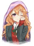 1girl black_jacket blanket blazer buttons cardigan closed_mouth collared_shirt commentary_request hair_ornament hairclip hand_up jacket konoe_kanata long_hair long_sleeves looking_at_viewer love_live! love_live!_school_idol_festival moyui_(myi_005) neck_ribbon one_eye_closed open_clothes open_jacket orange_hair purple_eyes red_cardigan ribbon school_uniform shirt solo tears undershirt upper_body wavy_hair white_shirt 