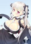  1girl artist_name azur_lane black_dress blue_background blush breasts cleavage collared_dress commentary_request dress earrings eyebrows_visible_through_hair formidable_(azur_lane) frilled_dress frills hair_between_eyes hair_ribbon highres holding_dress jewelry kayura_yuka large_breasts looking_at_viewer looking_to_the_side nail_polish red_eyes ribbon signature silver_hair simple_background skirt skirt_lift solo twintails upper_body 