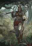  1girl absurdres animal_ears armor axe brown_eyes brown_hair cat_ears cat_tail commentary_request forest full_body helmet highres holding holding_helmet holding_weapon midriff nature original outdoors over_shoulder pauldrons shorts solo sonech standing tail weapon weapon_over_shoulder 