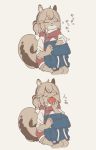  2018 ahoge anthro apple backpack bottomwear cheeks_full clothed clothing comic eating eyes_closed female fluffy fluffy_tail food fruit fur hi_res holding_food holding_object hoodie japanese_text kemono mammal open_mouth plant ponytail puffed_cheeks rodent s1120411 sciurid shorts simple_background sitting smile solo sound_effects striped_fur striped_hair striped_tail stripes tan_fur tan_hair text topwear weight_gain 
