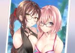  2girls absurdres bangs bare_shoulders beach black-framed_eyewear black_swimsuit blue_sky blurry blurry_background blush braid breasts brown_hair choker cleavage closed_mouth consort_yu_(fate) criss-cross_halter earrings fate/grand_order fate_(series) fou_(ssqseeker) glasses hair_between_eyes hair_over_one_eye halterneck heroic_spirit_festival_outfit highres jewelry large_breasts lavender_hair long_hair looking_at_viewer mash_kyrielight multiple_earrings multiple_girls o-ring open_mouth photo_(object) purple_eyes short_hair single_braid sky smile swimsuit swimsuit_of_perpetual_summer very_long_hair white_swimsuit yellow-framed_eyewear yellow_eyes 