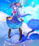  1girl bird black_headwear blue_hair blue_skirt boots bow brown_footwear cloud commentary erty113 food frills fruit gloves hat highres hinanawi_tenshi keystone long_hair peach rainbow red_bow red_eyes rope shide shimenawa shirt short_sleeves skirt skirt_hold sky smile solo sword_of_hisou touhou tree water waterfall white_shirt 