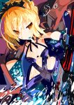  1girl artoria_pendragon_(all) artoria_pendragon_(swimsuit_rider_alter) black_bow blonde_hair blue_dress bow braid braided_bun breasts commentary_request dark_excalibur dress fate/grand_order fate_(series) food food_in_mouth highres jacket jacket_on_shoulders miyakawa106 mouth_hold popsicle simple_background solo sword tiara water water_drop weapon wet yellow_eyes 