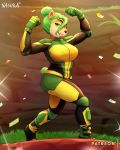  2019 activision ami_bandicoot anthro bandicoot biceps big_breasts black_clothing black_nose bodysuit boots breasts camera_flash clothed clothing confetti crash_bandicoot_(series) detailed_background digital_media_(artwork) elbow_pads eyebrows eyelashes eyeshadow female flexing footwear full-length_portrait fur gloves grass green_clothing green_eyes green_gloves green_hair hair hair_bun handwear hi_res knee_pads lipstick looking_at_viewer makeup mammal marsupial nawka podium portrait pose shin_pads short_hair shoulder_pads skinsuit smile solo tight_clothing video_games yellow_clothing 