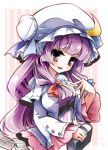  artist_name bangs blue_bow blue_ribbon blunt_bangs book bow capelet commentary crescent fifiruu frills hair_bow hat hat_ribbon holding holding_book long_hair long_sleeves mob_cap moon_(ornament) open_mouth pages patchouli_knowledge purple_eyes purple_hair red_bow ribbon shirt simple_background smile striped striped_background touhou upper_body very_long_hair white_headwear white_shirt 