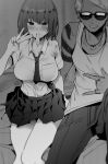  1boy 1girl bralines breasts commentary dark_skin dark_skinned_male food greyscale highres ice_cream large_breasts monochrome mouth_hold necktie original ryouma_(galley) school_uniform sunglasses tank_top tattoo tupet v 