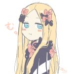  1girl :t abigail_williams_(fate/grand_order) bangs black_bow black_dress blonde_hair blue_eyes blush_stickers bow closed_mouth dress eyebrows_visible_through_hair fate/grand_order fate_(series) forehead hair_bow highres long_hair looking_at_viewer looking_to_the_side no_hat no_headwear orange_bow parted_bangs pout signature simple_background sofra solo upper_body very_long_hair white_background 