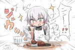 /\/\/\ 1girl :t afterimage apron bandaged_arm bandaged_hands bandages bangs bare_shoulders black_shirt blush closed_mouth cup drinking_glass emphasis_lines eyebrows_visible_through_hair facial_scar fate/apocrypha fate_(series) food food_on_face fork hair_between_eyes highres holding holding_fork jack_the_ripper_(fate/apocrypha) knife neon-tetora nose_blush scar scar_across_eye scar_on_cheek shirt signature silver_hair simple_background sleeveless sleeveless_shirt solo sparkle table translation_request water wavy_mouth white_apron white_background 
