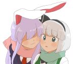  2girls animal_ears bangs black_neckwear blazer blue_coat blush bow bowtie bunny_ears cheek-to-cheek eyebrows_visible_through_hair green_scarf green_vest grey_eyes hair_over_eyes hair_ribbon jacket konpaku_youmu koyama_shigeru lavender_hair leaning_forward long_hair looking_to_the_side multiple_girls necktie pink_scarf red_neckwear reisen_udongein_inaba ribbon scarf shirt short_hair sidelocks silver_hair simple_background smile touhou triangle_mouth upper_body very_long_hair vest white_background white_shirt yuri 