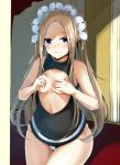  1girl abigail_williams_(fate/grand_order) bangs bare_arms bare_shoulders black_shirt blonde_hair blue_eyes blush breasts commentary covering covering_breasts cucchiore cutout eyebrows_visible_through_hair fate/grand_order fate_(series) hair_ornament long_hair looking_at_viewer parted_bangs shirt small_breasts smile solo 