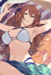  1girl alternate_costume armpits bikini breasts brown_hair duoyuanjun girls_frontline green_eyes hair_between_eyes hair_ribbon headwear_removed highres large_breasts long_hair looking_at_viewer lying m1903_springfield_(girls_frontline) navel o-ring o-ring_bikini o-ring_top on_back ribbon sarong solo swimsuit teeth 