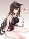  1girl :q absurdres animal_ears arknights bangs bare_shoulders belt black_swimsuit blush breasts brown_eyes brown_hair collar cup drinking_glass earrings hair_between_eyes heart highres jewelry long_hair looking_at_viewer mole mole_on_breast navel one-piece_swimsuit sitting skyfire_(arknights) smile solo spoken_heart swimsuit tongue tongue_out very_long_hair walkie-talkie yykuaixian 