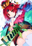  1girl :&lt; bangs benienma_(fate/grand_order) bird_hat black_bow blunt_bangs bow fate/grand_order fate_(series) feather_trim feathers foreshortening gauntlets green_bow hair_bow hat highres katana lens_flare miyakawa106 obi red_eyes red_hair sash sheath simple_background solo sword thighhighs tsurime unsheathing weapon white_background white_legwear 