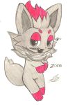  2017 black_eyes blush choreuny cute_fangs female hi_res looking_at_viewer nintendo pok&eacute;mon pok&eacute;mon_(species) pussy simple_background solo traditional_media_(artwork) video_games white_background young zorua 