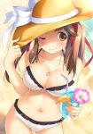  1girl ;) bangs bare_arms bare_shoulders beach bendy_straw bikini blush bow breasts brown_eyes brown_hair brown_headwear cleavage closed_mouth collarbone commentary_request cup day drinking_straw eyebrows_visible_through_hair flower frilled_bikini frills gennosuke hair_ribbon hat hat_bow heart heart_necklace holding holding_cup ice ice_cube idolmaster idolmaster_cinderella_girls large_breasts long_hair navel one_eye_closed pink_flower polka_dot polka_dot_bikini red_ribbon ribbon sand smile solo sun_hat swimsuit totoki_airi tropical_drink twintails water white_bikini white_bow 