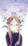  1girl abigail_williams_(fate/grand_order) absurdres bangs black_bow black_dress blonde_hair blue_eyes bow commentary_request dress fate/grand_order fate_(series) floral_print flower hair_bow half-closed_eyes highres long_hair looking_at_viewer orange_bow parted_bangs polka_dot polka_dot_bow sleeves_past_fingers sleeves_past_wrists solo user_cdau7875 white_flower 