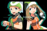  1boy 1girl backpack bag bandana bike_shorts breasts brown_hair english_text gloves haruka_(pokemon) highres holding holding_poke_ball open_mouth pants poke_ball pokemon pokemon_(game) pokemon_emerald pokemon_rse shirt short_sleeves sleeveless sleeveless_shirt yuihiko yuuki_(pokemon) 