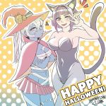  1:1 big_breasts biped black_ears black_tail blue_skin blush bottomwear breasts cleavage clothed clothing cosplay dotted_background duo elf fake_ears female gesture hair halloween holidays humanoid inner_ear_fluff magic_user navel nipple_outline not_furry one_eye_closed pattern_background red_eyes samanator_club simple_background skirt small_breasts smile teeth text undead v_sign white_hair wink witch yellow_eyes zombie 