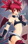  1girl alina_pegova bare_shoulders belt black_choker black_gloves black_legwear bracelet choker demon_tail demon_wings disgaea earrings etna flat_chest gloves jewelry makai_senki_disgaea navel pointy_ears red_eyes red_hair short_hair skull_earrings slit_pupils smile solo tail thighhighs twintails wings 