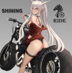  1girl arknights ass bangs bare_shoulders bikini black_bikini brown_jacket commentary_request dark_skin glasses grey_background ground_vehicle hand_in_pocket hand_up highres holding horns jacket lips long_hair looking_at_viewer looking_back motor_vehicle motorcycle off_shoulder on_motorcycle open_clothes open_jacket orange_eyes parted_lips pointy_ears ponytail shining_(arknights) shiny shiny_skin sidelocks silver_hair simple_background solo swimsuit thigh_strap thighs tied_hair xian_yu 