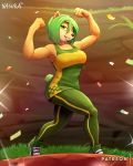  2019 activision ami_bandicoot anthro athletic bandicoot bare_arms biceps big_breasts black_nose breasts camera_flash clothed clothing confetti crash_bandicoot_(series) detailed_background digital_media_(artwork) dress eyebrows eyelashes eyeshadow female footwear full-length_portrait fur grass green_clothing green_dress green_eyes green_footwear green_hair green_legwear green_shoes hair hi_res leggings legwear lipstick looking_at_viewer makeup mammal marsupial nawka podium portrait shoes short_hair smile solo video_games yellow_clothing 