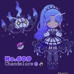  ball black_footwear black_gloves blue_hair chandelure character_name choker creature_and_personification dress eyes_visible_through_hair full_body gen_5_pokemon gloves gradient_hair grey_legwear highres long_hair looking_at_viewer mameeekueya multicolored_hair number personification poke_ball poke_ball_(generic) pokemon pokemon_(creature) pokemon_number ponytail puffy_sleeves purple_background shoes simple_background sparkle standing strap striped striped_dress thighhighs twitter_username very_long_hair yellow_eyes zipper 