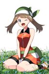  1girl aliasing bandana bangs bare_shoulders between_legs bike_shorts black_legwear blue_eyes blue_flower blush breasts brown_hair collarbone dress eyebrows_visible_through_hair fanny_pack flower gloves grass green_headwear hand_between_legs hands_together happy haruka_(pokemon) highres light_blush medium_breasts one_eye_closed open_mouth orange_dress orange_footwear pokemon pokemon_(game) pokemon_emerald pokemon_rse shiny shiny_hair shiny_skin shoes simple_background sitting smile socks solo v_arms white_background white_gloves yuihiko 