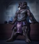  2019 anthro biceps bodily_fluids bovid caprine clothed clothing corrsk digital_media_(artwork) dumbbell fingers head_tuft hi_res hooved_fingers hooves horn loincloth male mammal muscular muscular_male pecs sheep shirt solo sweat sweatdrop topwear tuft weights wet wet_clothing wet_shirt wet_topwear 