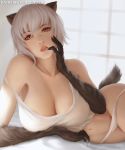  1girl badger badger_ears badger_tail bangs breasts claws finger_to_mouth fur hair_between_eyes honey_badger indoors killing_bites large_breasts lips looking_at_viewer navel panties parted_lips red_eyes short_hair solo strap_slip tank_top underwear uzaki_hitomi white_hair white_panties yupachu 