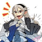  1:1 5_fingers armor breasts clothing corrin digital_media_(artwork) eyelashes female fingers fire_emblem fire_emblem_fates gesture gloves hair handwear humanoid humanoid_pointy_ears long_hair looking_at_viewer nintendo not_furry open_mouth pointing red_eyes samanator_club simple_background solo teeth tongue video_games white_background 