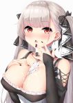  1girl azur_lane between_breasts black_dress blush breasts cleavage cum cum_in_mouth cum_on_body cum_on_breasts cum_on_upper_body dombear dress earrings formidable_(azur_lane) frilled_dress frills grey_hair hair_ribbon highres jewelry large_breasts long_hair pantyhose red_eyes ribbon solo twintails two-tone_dress two-tone_ribbon two-tone_ribbons 